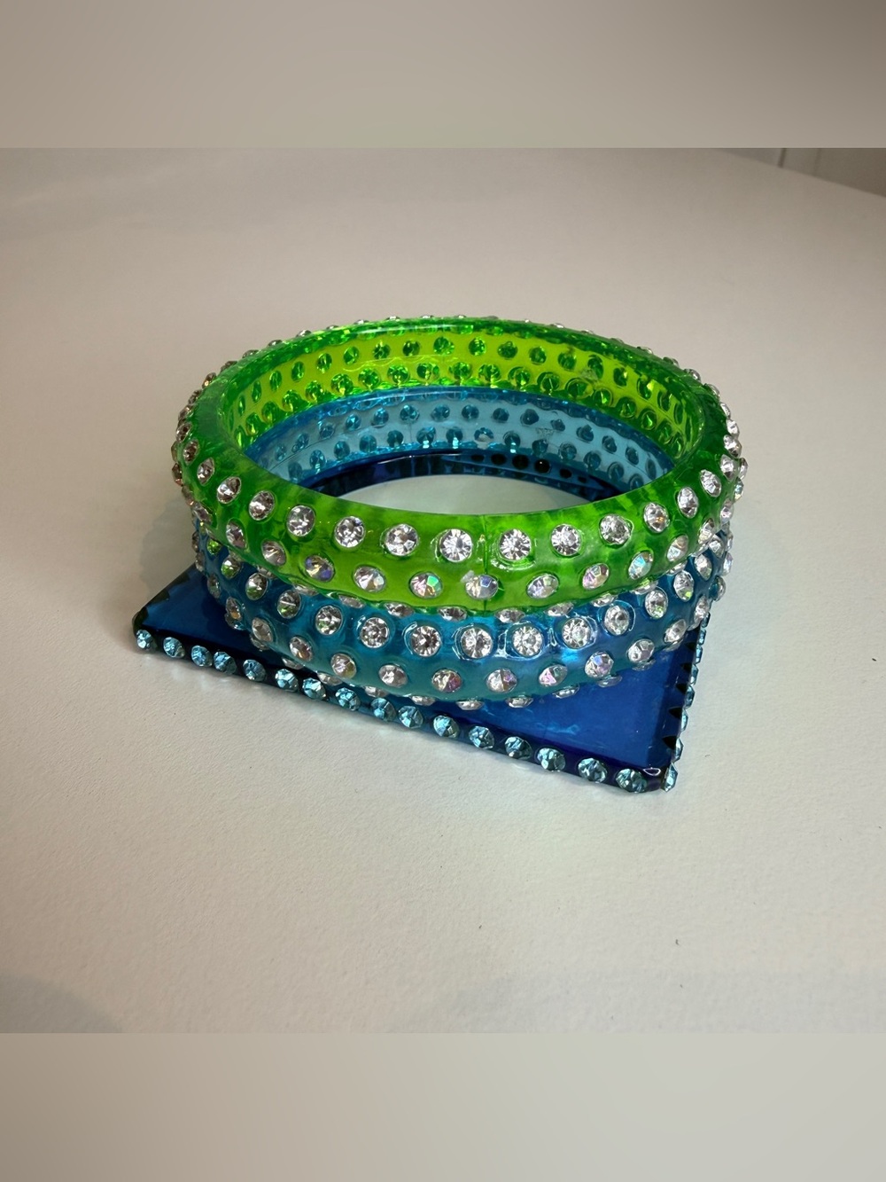 Blue and green rhinestone bangle set